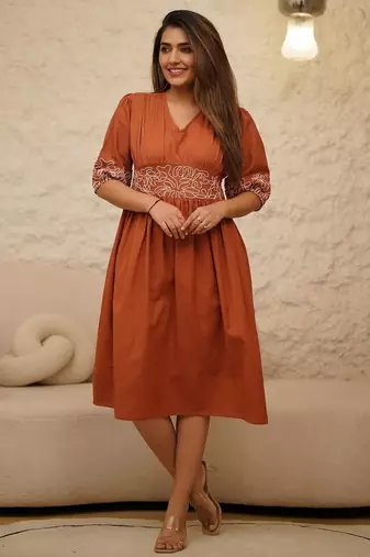 Floral printed brown v-neck pure cotton kurti