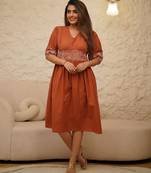 Floral printed brown v-neck pure cotton kurti