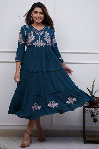 Floral printed blue v-neck pure cotton kurti