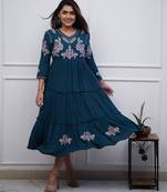 Floral printed blue v-neck pure cotton kurti