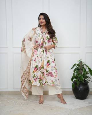Floral embroidered white v-neck  cotton kurta with trouser & dupatta 1
