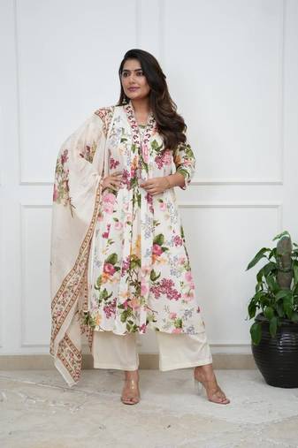 Floral embroidered white v-neck pure cotton kurta with trouser & dupatta