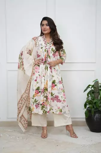 Floral embroidered white v-neck pure cotton kurta with trouser & dupatta