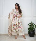 Floral embroidered white v-neck pure cotton kurta with trouser & dupatta
