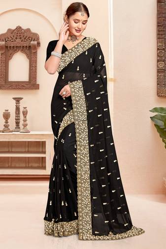 Black sequin zari resham moti stone border georgette designer saree for women