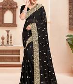 Black sequin zari resham moti stone border georgette designer saree for women