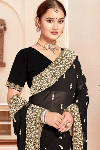 Black sequin zari resham moti stone border georgette designer saree for women