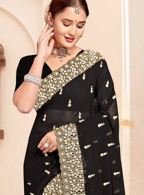 Black sequin zari resham moti stone border georgette designer saree for women 3