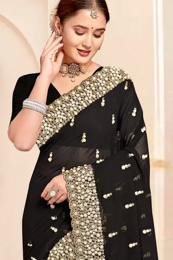 Black sequin zari resham moti stone border georgette designer saree for women
