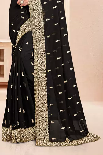 Black sequin zari resham moti stone border georgette designer saree for women