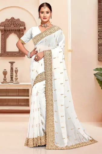 White sequin zari resham moti stone border georgette designer saree for women