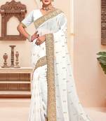 White sequin zari resham moti stone border georgette designer saree for women