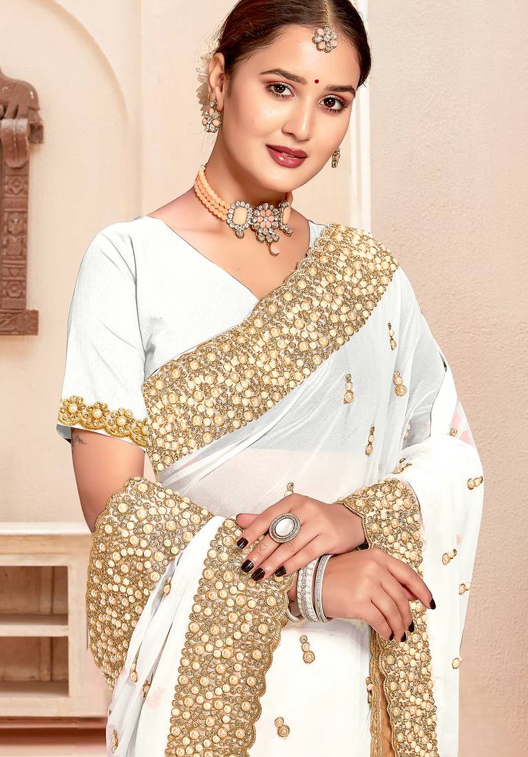 White sequin zari resham moti stone border georgette designer saree for women