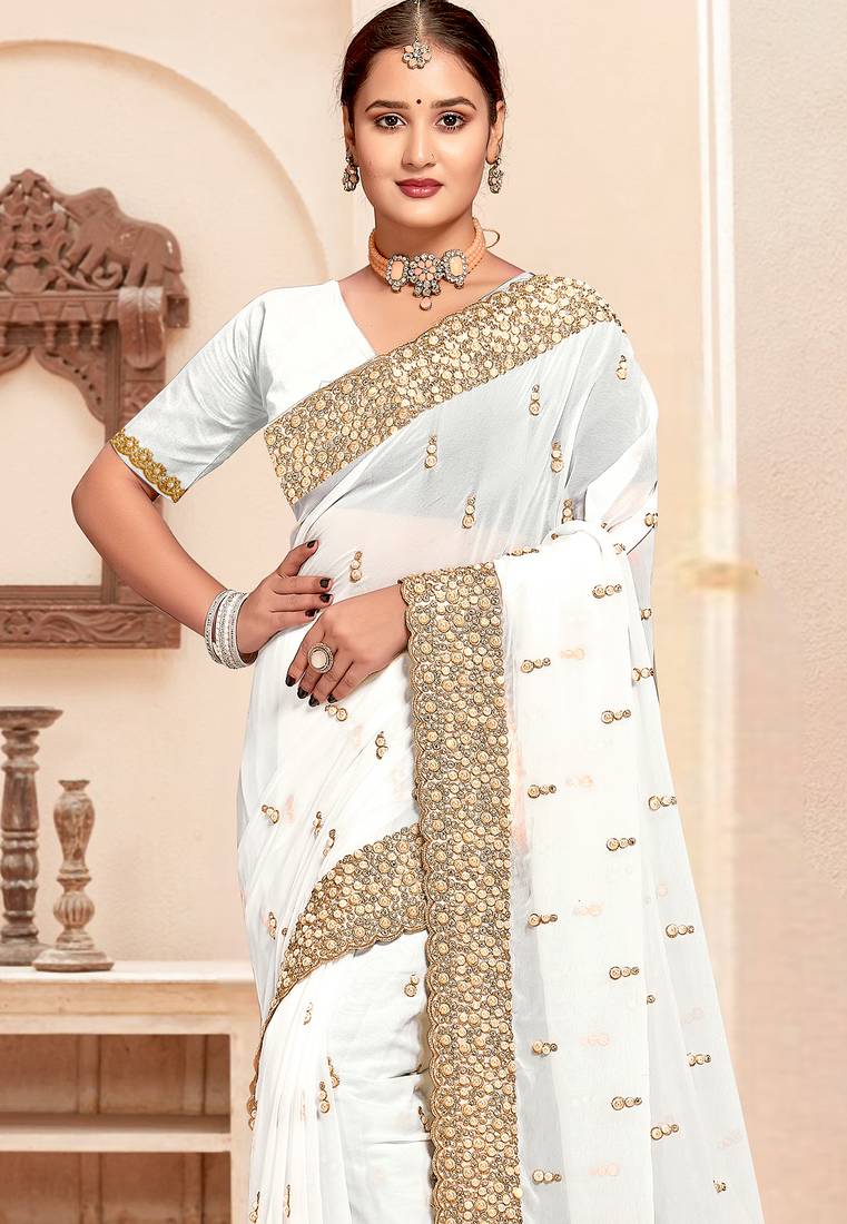 White sequin zari resham moti stone border georgette designer saree for women