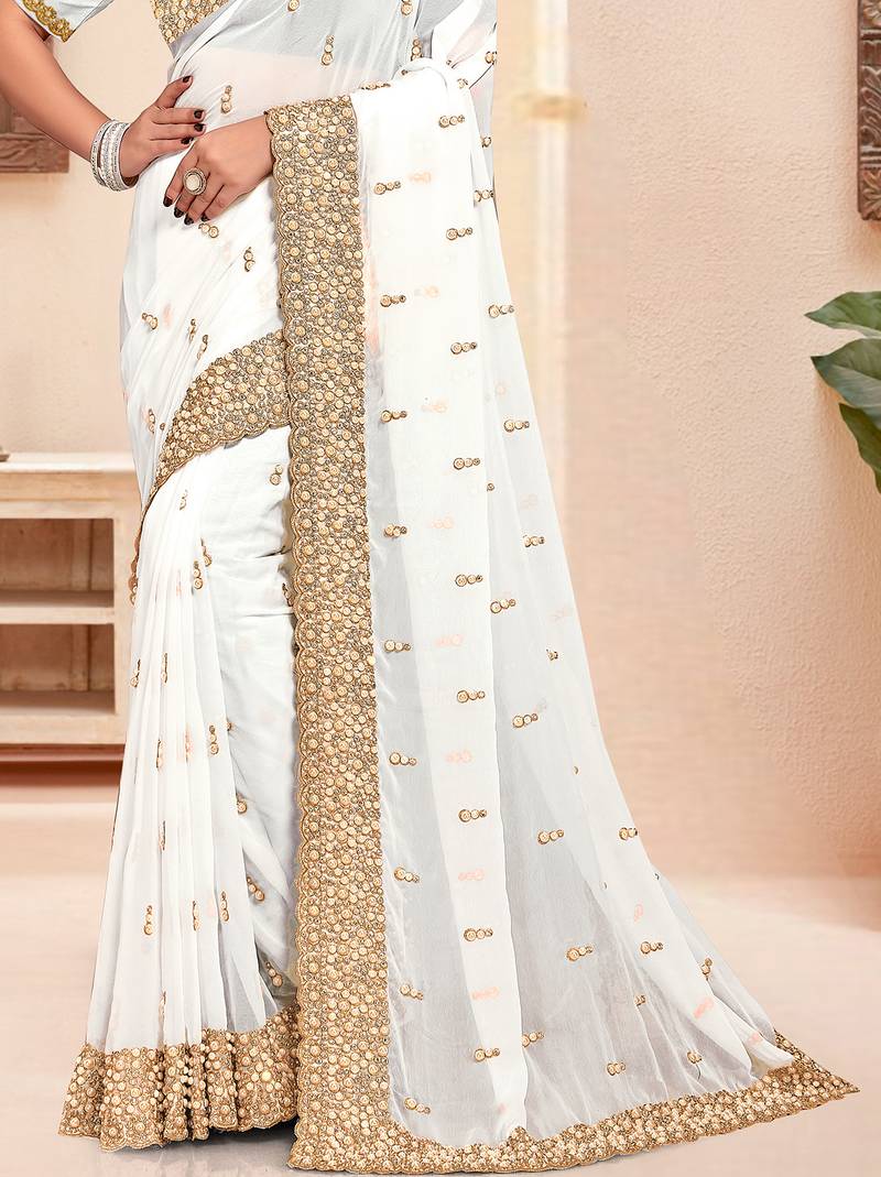White sequin zari resham moti stone border georgette designer saree for women