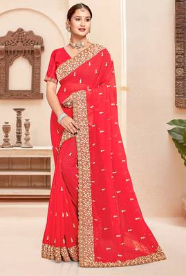 Pink sequin zari resham moti stone border georgette designer saree for women 1