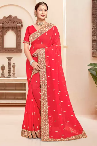 Pink sequin zari resham moti stone border georgette designer saree for women