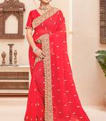Pink sequin zari resham moti stone border georgette designer saree for women