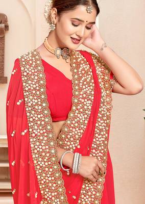 Pink sequin zari resham moti stone border georgette designer saree for women 2