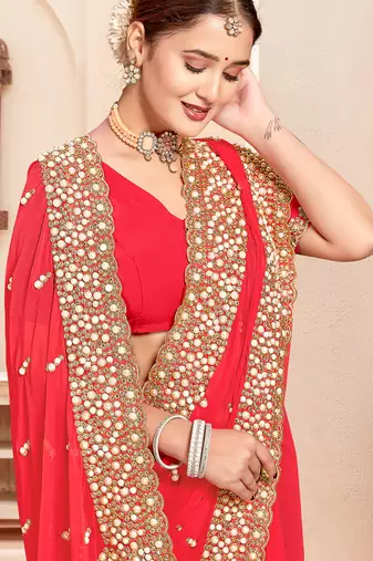 Pink sequin zari resham moti stone border georgette designer saree for women