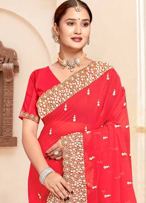 Pink sequin zari resham moti stone border georgette designer saree for women 3