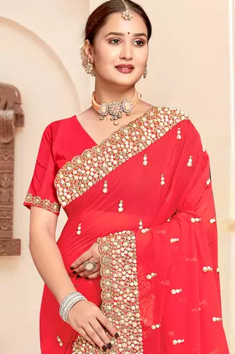 Pink sequin zari resham moti stone border georgette designer saree for women