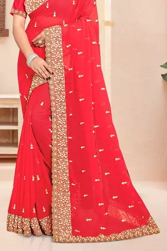 Pink sequin zari resham moti stone border georgette designer saree for women