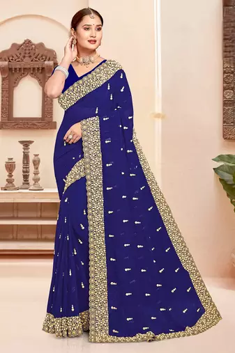 Navy blue sequin zari resham moti stone border georgette designer saree for women