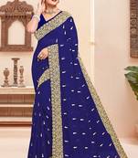 Navy blue sequin zari resham moti stone border georgette designer saree for women