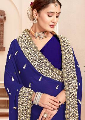 Navy blue sequin zari resham moti stone border georgette designer saree for women 2