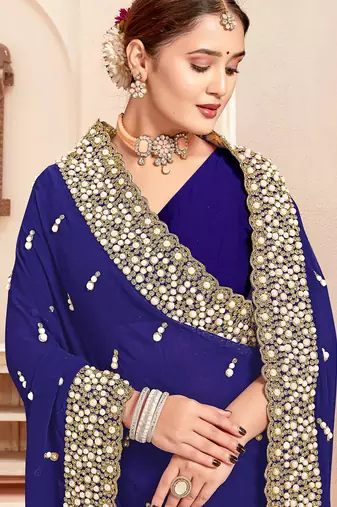 Navy blue sequin zari resham moti stone border georgette designer saree for women