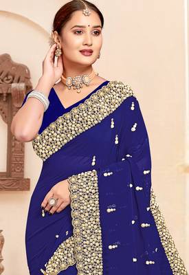Navy blue sequin zari resham moti stone border georgette designer saree for women 3