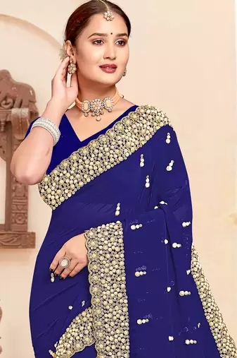Navy blue sequin zari resham moti stone border georgette designer saree for women