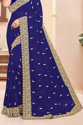Navy blue sequin zari resham moti stone border georgette designer saree for women 4