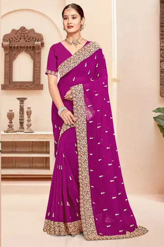Wine sequin zari resham moti stone border georgette designer saree for women