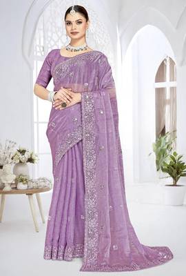 lavender sequin coding embroidered crush silk blend saree with unstitch blouse piece 1