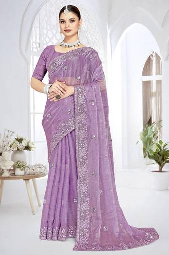 lavender sequin coding embroidered crush silk blend saree with unstitch blouse piece