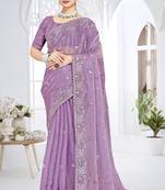 lavender sequin coding embroidered crush silk blend saree with unstitch blouse piece