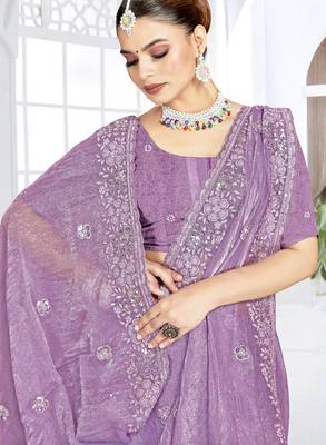 lavender sequin coding embroidered crush silk blend saree with unstitch blouse piece 2