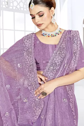 lavender sequin coding embroidered crush silk blend saree with unstitch blouse piece