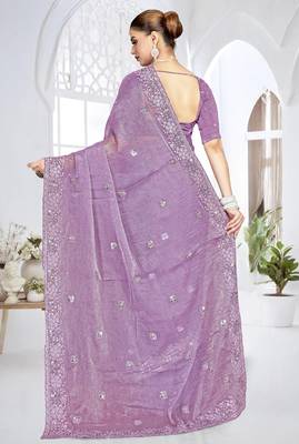 lavender sequin coding embroidered crush silk blend saree with unstitch blouse piece 3