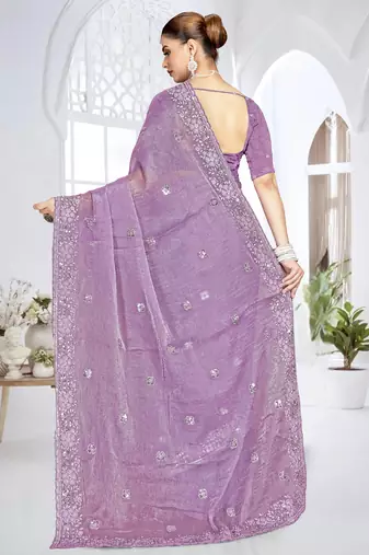lavender sequin coding embroidered crush silk blend saree with unstitch blouse piece
