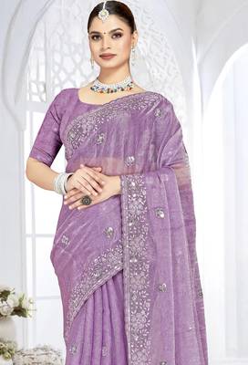 lavender sequin coding embroidered crush silk blend saree with unstitch blouse piece 4