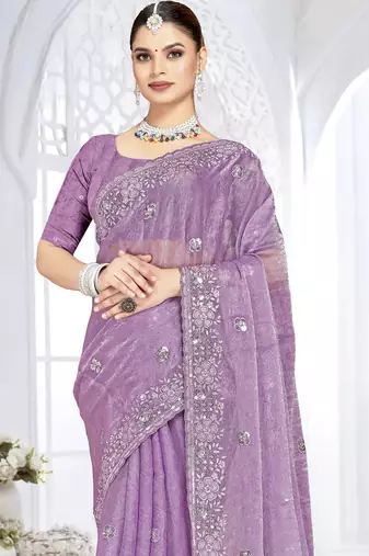 lavender sequin coding embroidered crush silk blend saree with unstitch blouse piece