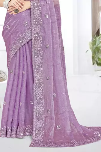 lavender sequin coding embroidered crush silk blend saree with unstitch blouse piece