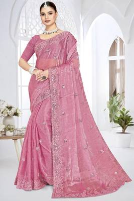 pink sequin coding embroidered crush silk blend saree with unstitch blouse piece 1