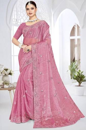pink sequin coding embroidered crush silk blend saree with unstitch blouse piece