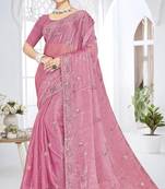 pink sequin coding embroidered crush silk blend saree with unstitch blouse piece