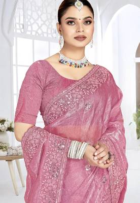 pink sequin coding embroidered crush silk blend saree with unstitch blouse piece 2