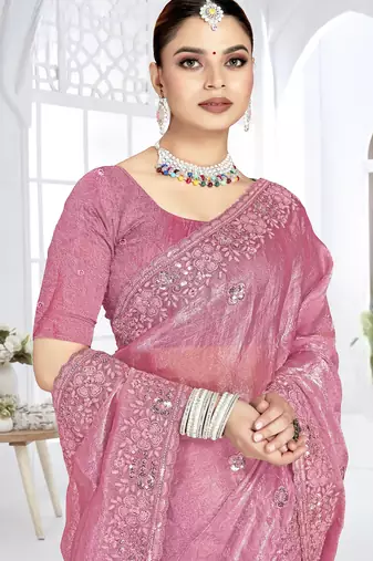 pink sequin coding embroidered crush silk blend saree with unstitch blouse piece